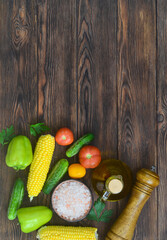 food and culinary background with copy space for text top view, pepper mill, pink himalayan salt...