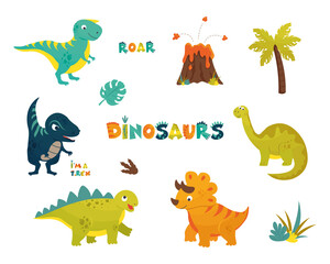Cartoon dino vector illustration set. Cute dinosaur, funny ancient dinosaurs and monsters. Comic jurassic period animal and prehistoric reptile stegosaurus brachiosaurus, trex and pterosaurs.