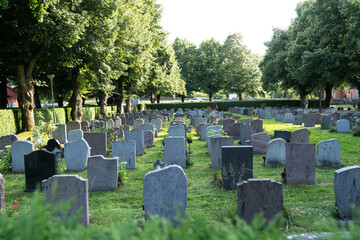 Old ancient Cemetery surrounded by garden trees. Forest graveyard. Rows of gravestones on beautiful and well cared churchyard on green grass. The Christian holiday of All Saints Day. Sweden, Stockholm