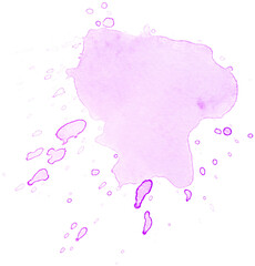 Light pink watercolor spot with paint splashes on paper. Isolated element for design.