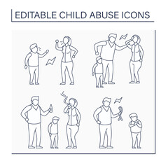 Obraz na płótnie Canvas Child abuse line icons set.Physical and emotional harm. Parental substance use, relationship difficulties. Crime concept. Isolated vector illustration. Editable stroke