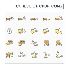 Curbside pickup color icons set. Contactless parcel obtaining. Safe way to pick up orders from restaurants, stores.Courier delivery. Shopping concept. Isolated vector illustrations - obrazy, fototapety, plakaty