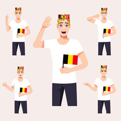 A beautiful man with the Belgian flag. A set of fan emotions. Vector illustration on cartoon style.