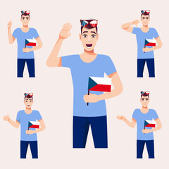 A beautiful man with the Czech flag. A set of fan emotions. Vector illustration on cartoon style.