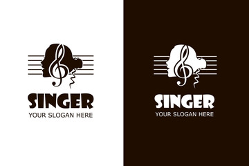 icons with singing woman and treble clef isolated on white and black background
