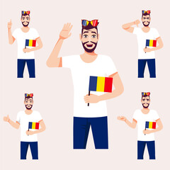 A beautiful man with the Romanian flag. A set of fan emotions. Vector illustration on cartoon style.