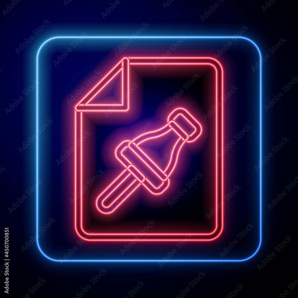 Aufkleber glowing neon note paper with pinned pushbutton icon isolated on black background. memo paper sign. v