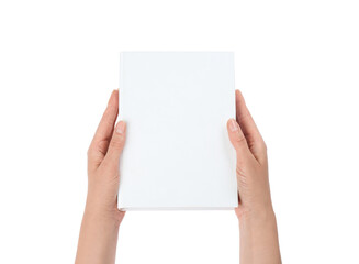 Obraz premium Woman holding book with blank cover on white background, closeup. Space for design
