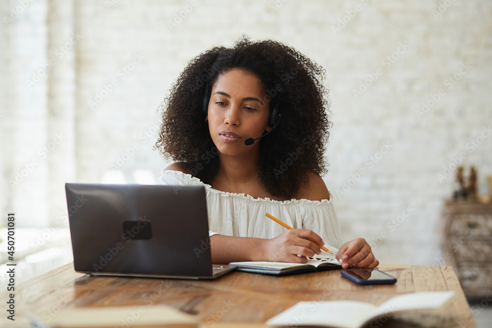 Poster young black woman studying online using laptop and video call with teacher and learning. mixed race 