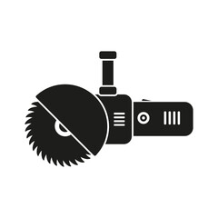 Electric circular saw icon. Bulgarian built black silhouette work tool. Simple angle grinder with disk. Repair  pictogram. Vector isolated on white.