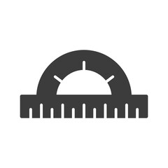 Protractor icon. Education circular ruler tool. Black silhouette. Stationery instrument. Vector isolated on white