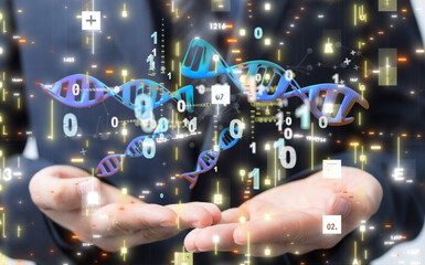 Businessman holding a 3d render DNA.