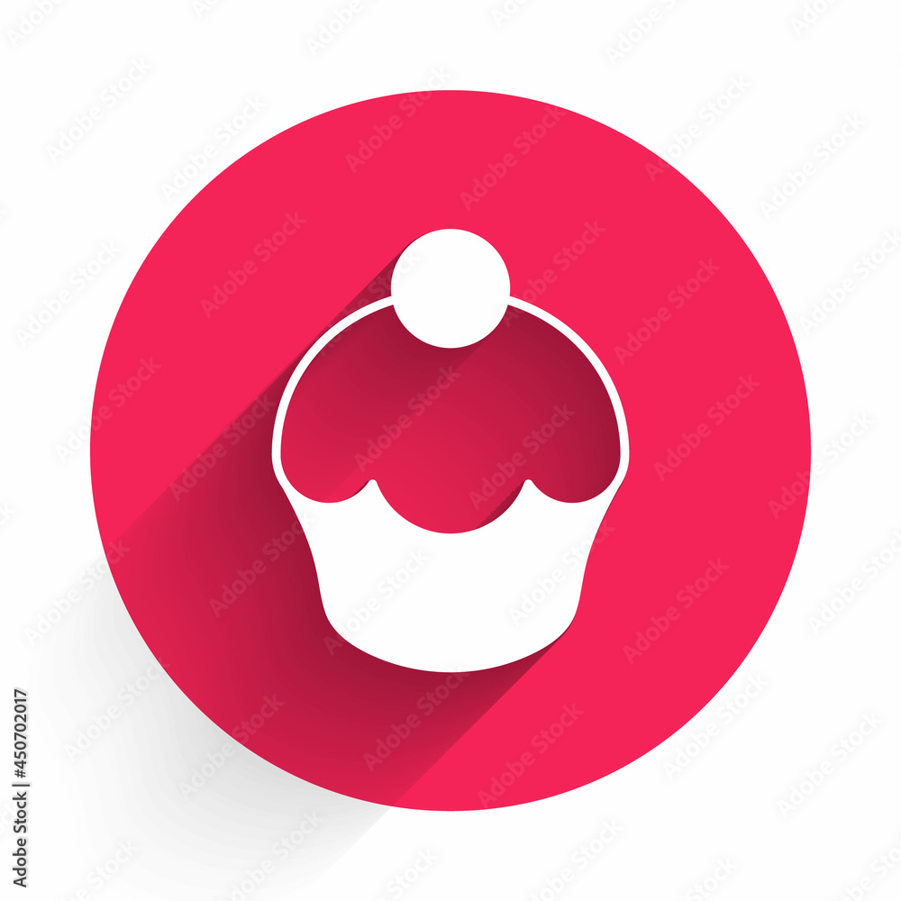 Poster white muffin icon isolated with long shadow background. red circle button. vector