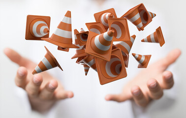 Traffic cones. Under construction sign. 3d