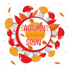 Autumn is coming. Autumn illustration, mushrooms around the inscription, autumn bright leaves. Red and porcini mushrooms around the circle. Beautiful autumn picture for decoration.