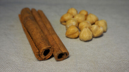a few brown cinnamon sticks and a few hazelnut seeds on a beige background. side view . Christmas Symbols