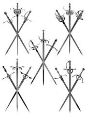 Set of simple monochrome vector images of three crossed epees and rapiers.