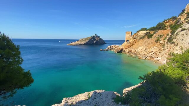 Calanque of l'Erevine with a view on the island, on the coastal path, the old custums trail, between Niolon and Mejan near Marseille