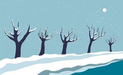 Snowy landscape, street with row of trees vector