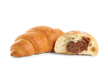 Tasty croissants with chocolate on white background