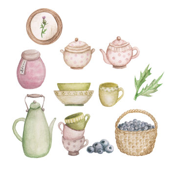 Watercolor illustrations in the country style. Pictures with dishes and cute bears