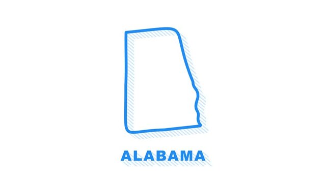 Neon Map of Alabama State United States of America, Alabama outline. Blue glowing outline. Motion graphics.