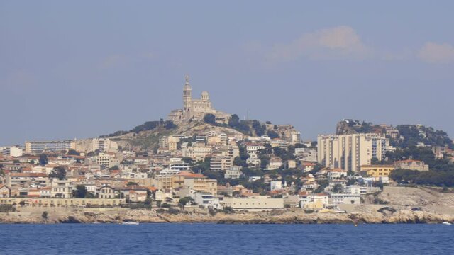 Skyline of Marseille with a view on the 7th arrondissement, Endoume district, Pointe d'Endoume and Pointe Cadiere from the Mediterranean sea 