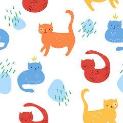 Vector seamless pattern with cats on a white background. Animal cartoon illustration.