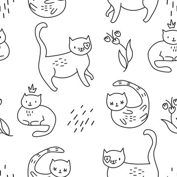 Outline vector cat pattern. Black and white.