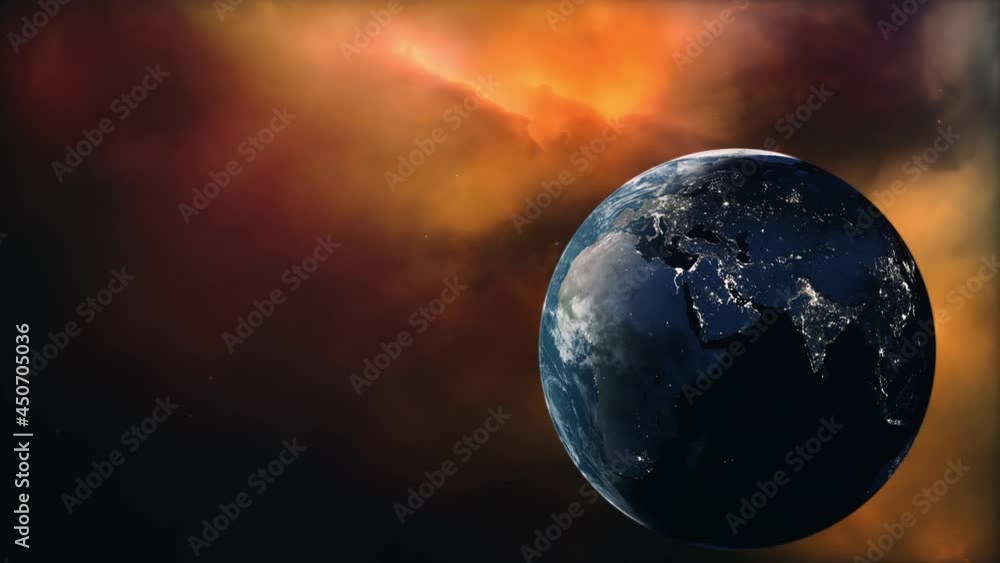 Poster world 3d rendering. planet earth from space with city lights and night time. flight over world with 