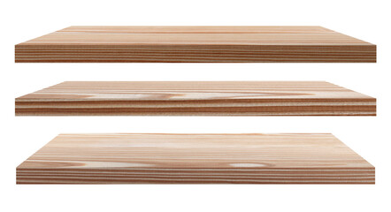 Wooden shelves on isolated white background, for placing products and advertising.