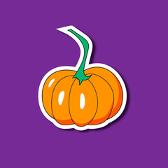 Pumpkin sticker on purple background. Vector illustration