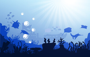 Fototapeta na wymiar Sunken Ship Wildlife Sea Animals Ocean Underwater Aquatic Illustration