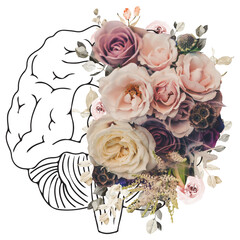 Mental health floral brain clipart, Self care medical clipart,Collage Flower brain art for spa logo, neurology doctor gift, posters