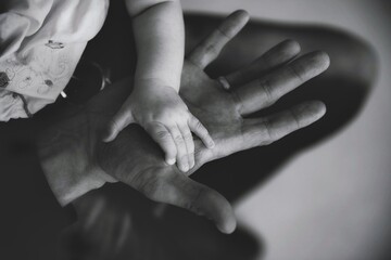 Hand of small child on palm of dad in close-up