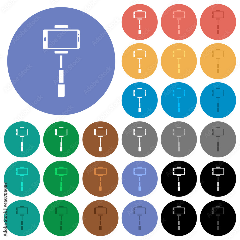 Poster smartphone on selfie stick front view round flat multi colored icons