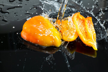 Fototapeta na wymiar sliced halves of fresh sweet orange peppers on dark glass with splashing water