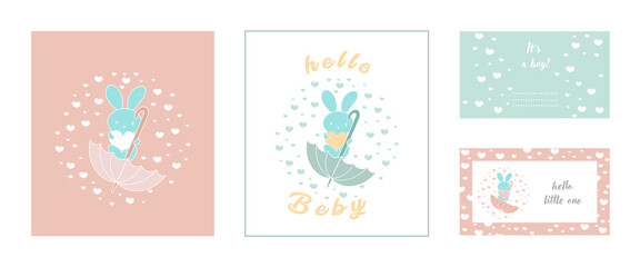 Cute bunny with a heart and an umbrella. A set of postcard templates for newborns