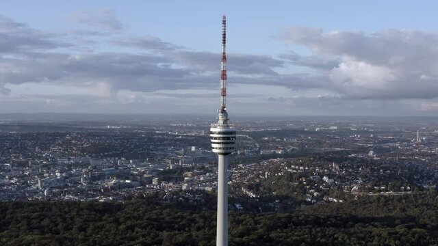 Fernsehturm TV Tower Stuttgart Germany Arial Drone Panning Around with city in the back ground