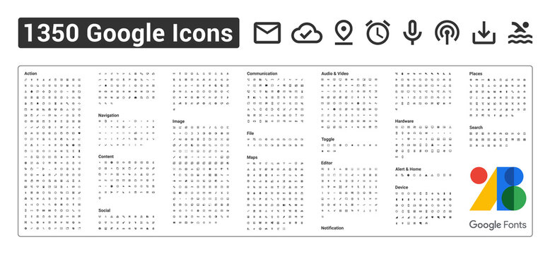 Google materials icons collection vector set. Black outlined symbols : Action, Social, Image, Communication,  Contact, Toggle, Notification, Alert, Device... Editorial vector illustration, 1350 signs.
