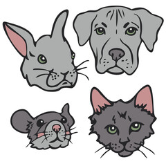 Vector illustration set with cat, rabbit, dog and mouse faces. Cute pets faces collection.