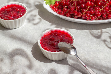 A dish with delicious freshly boiled red currant jam on a light table