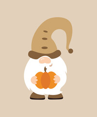 Cute autumn gnome holds a pumpkin in his hands. Baby dwarf fall decor. Scandinavian gnome. Isolated on beige background.