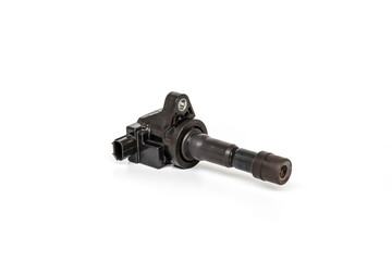 Old Ignition coil of Gasoline engine white background service concept and maintenance long time...