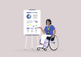 A young female character on a wheelchair presenting the infographics on a flip chart at the weekly office report meeting - obrazy, fototapety, plakaty