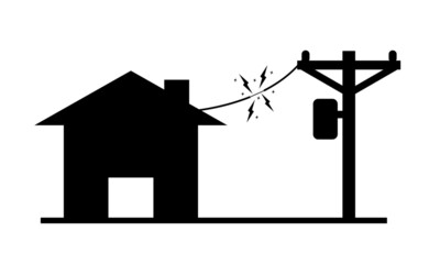 High voltage electric pole and transformer transmit electricity to house with wire damaged and short circuit with fire spark on white background flat vector icon.