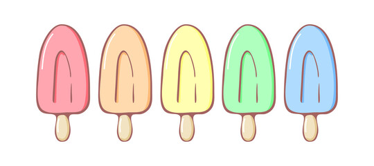 Set of pastel rainbow ice cream icons vector illustration. Kids collection of sunblind and popsicle in pastel colors isolated on white