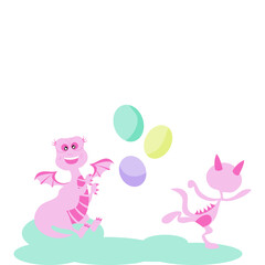 Pink cute girl dinosaur cartoon image smiling play with colored balloons with another boy dinosaur running away on a white background.Vector isolate flat design concept for kids or children card