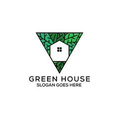 Triangle green house logo design, nature real estate logo with line art, can be used as symbols, brand identity, company logo, icons, or others.