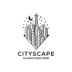 line art night cityscape logo design, building construction with monogram logo, can be used as symbols, brand identity, company logo, icons, or others.